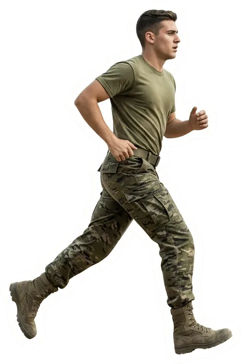 Soldado corriendo con uniforme de campaña pixelado
